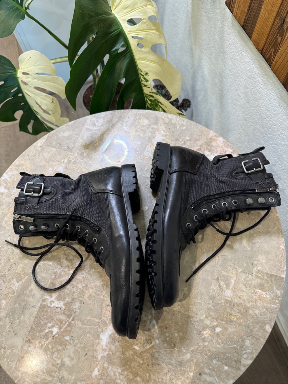 Harley-Davidson Black Lace-Up Combat Boots with Buckle Accents